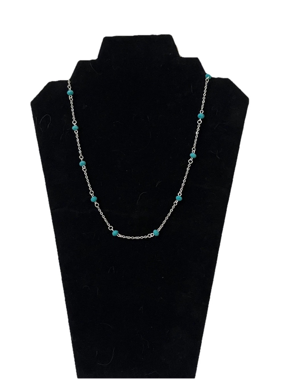 Handmade Artisan Silver Tone Dainty Teal Beaded Chain Station Necklace 19 Inch